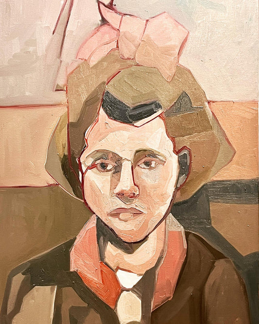 Artistic portrait of a person wearing a hat with a bow, using geometric shapes and bold colors.