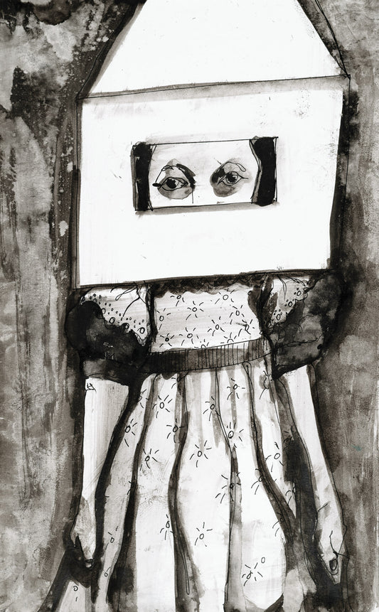 Black and white illustration of a girl with a house over her head, playing peek-a-boo, revealing her eyes thru the window.