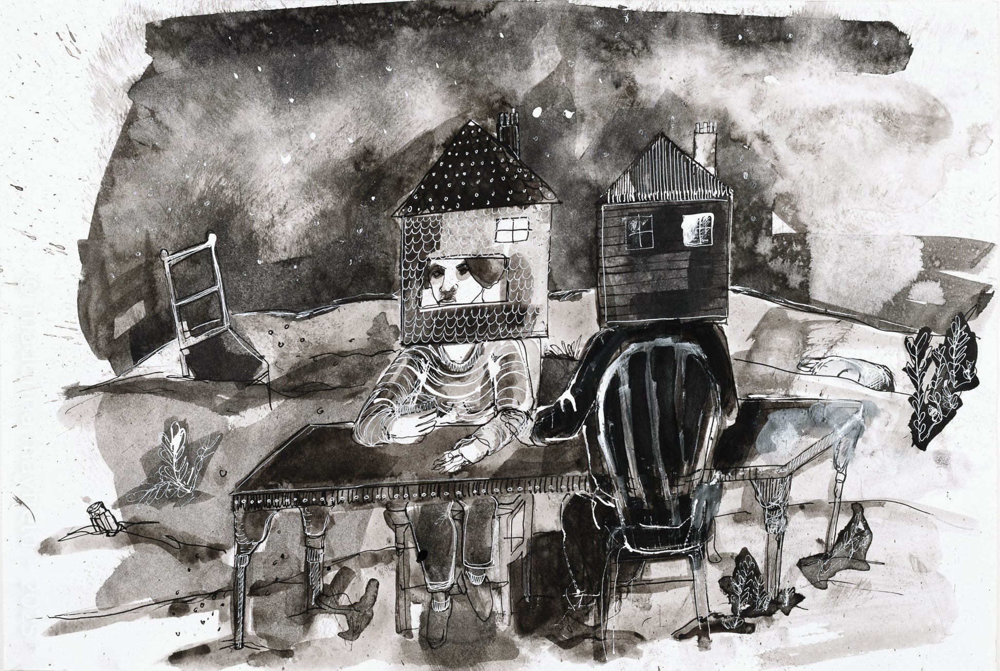 Black and white illustration of two people with houses for heads sitting at a table having a conversation.