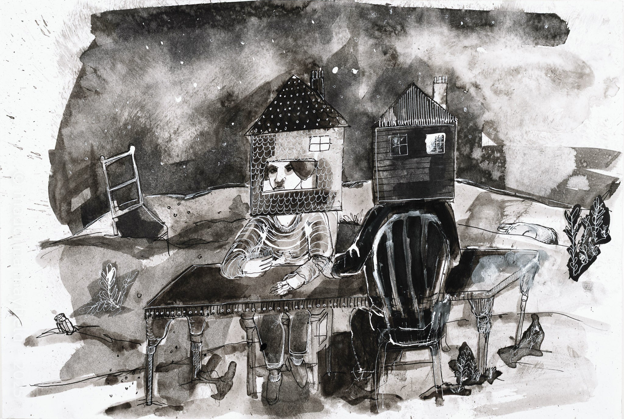 Black and white illustration of two people with houses for heads sitting at a table having a conversation.