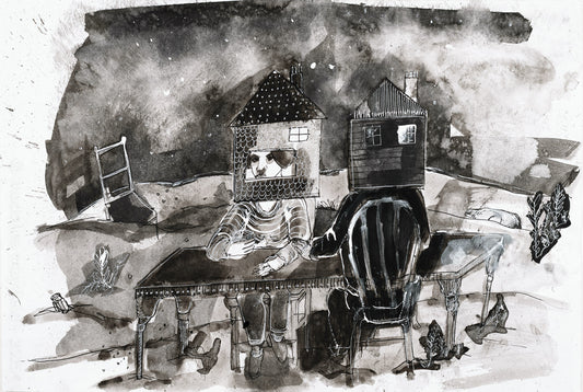 Black and white illustration of two people with houses for heads sitting at a table having a conversation.