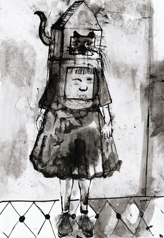 Black and white illustration of a person wearing a cat-shaped helmet with a house on top.