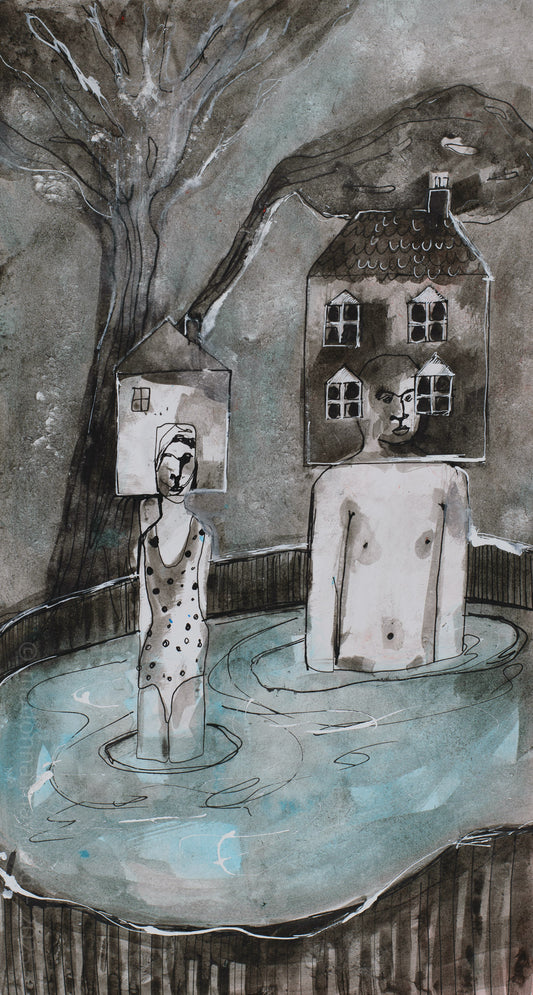 two figures with house heads in a back yard pool, surrounded by trees