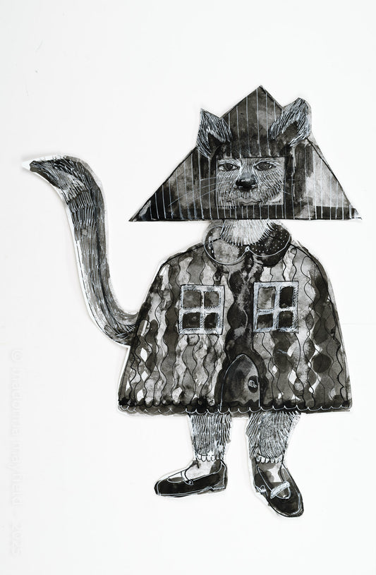 Black and white illustration of a cat-like figure wearing a patterned coat and a house on his head.