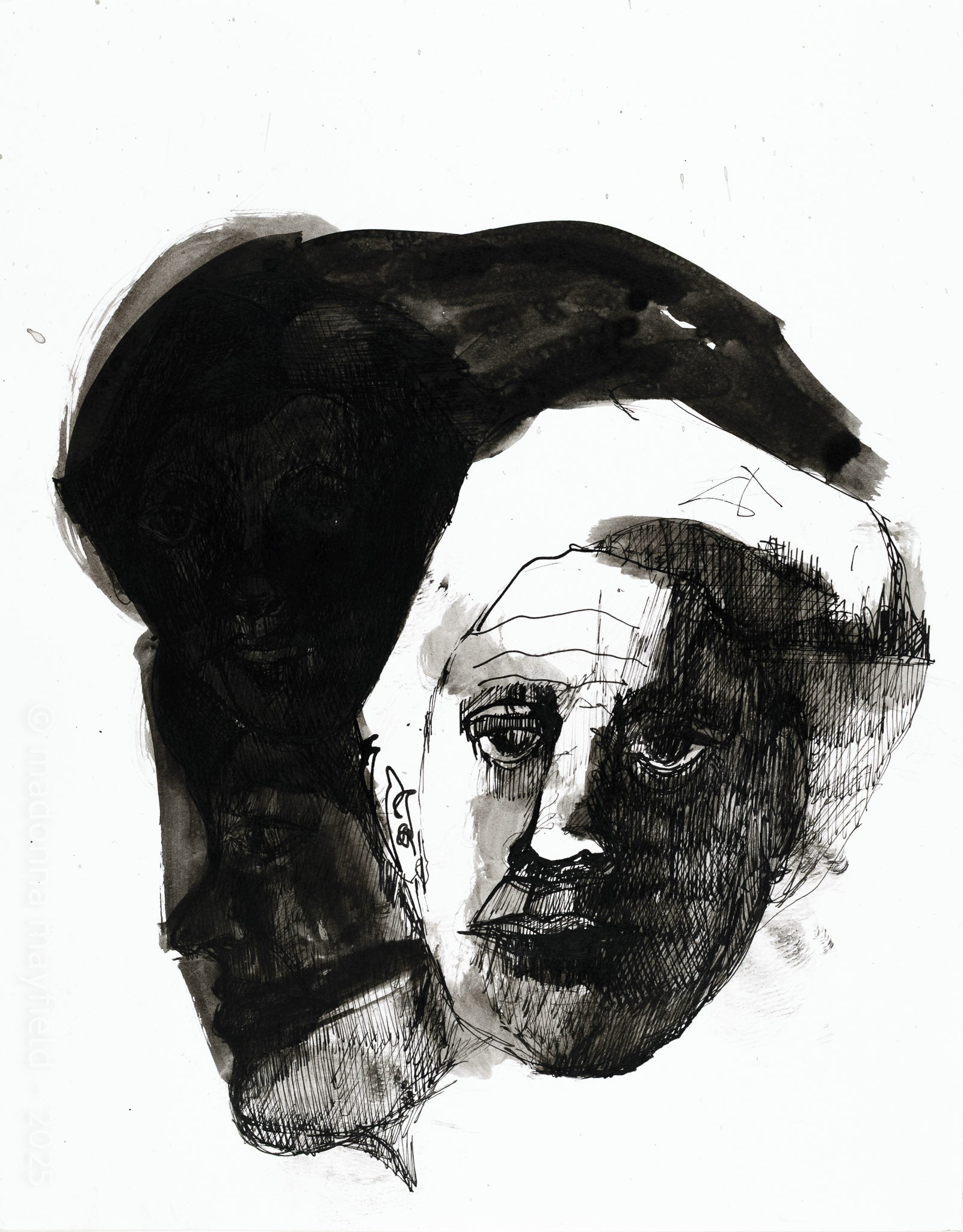 black ink painting of a face and its shadows