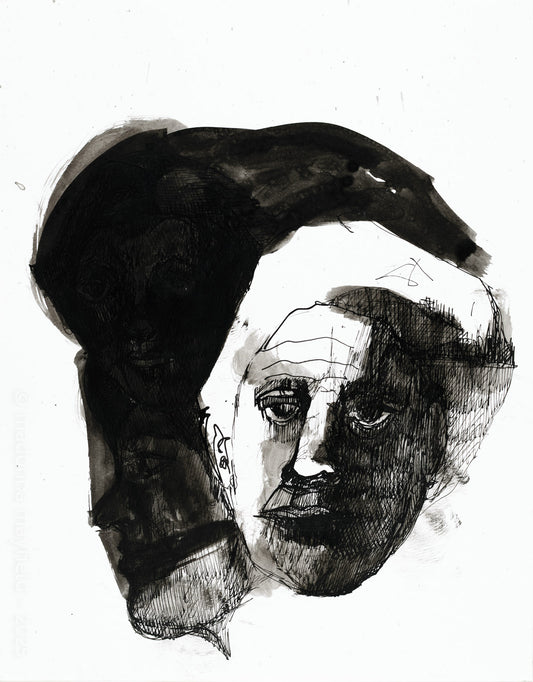 black ink painting of a face and its shadows