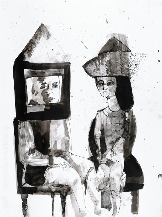 Black and white ink painting of a woman and a man sitting on chairs