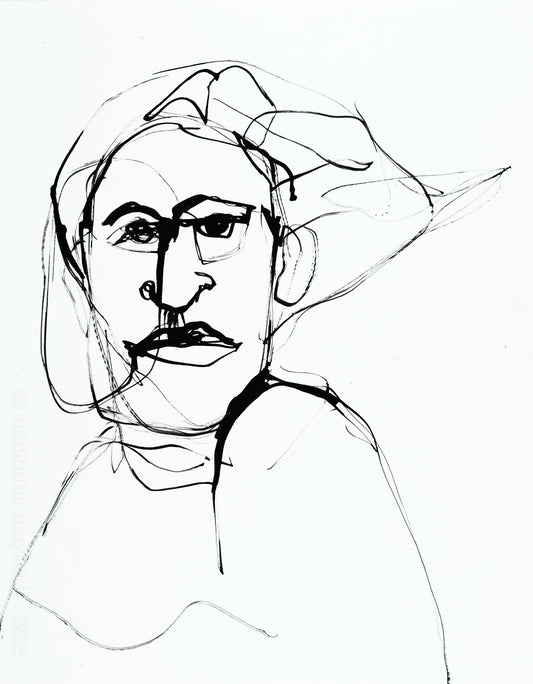 Black line drawing of a person with a headscarf on a white background