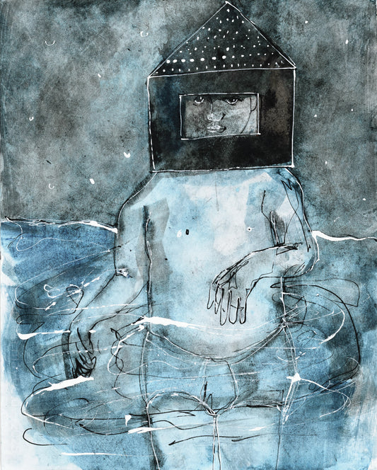 Black and blue Ink painting of a man with a house on his head in the ocean