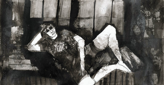 Black and white artwork of a person sitting on a couch with a book, surrounded by abstract elements.
