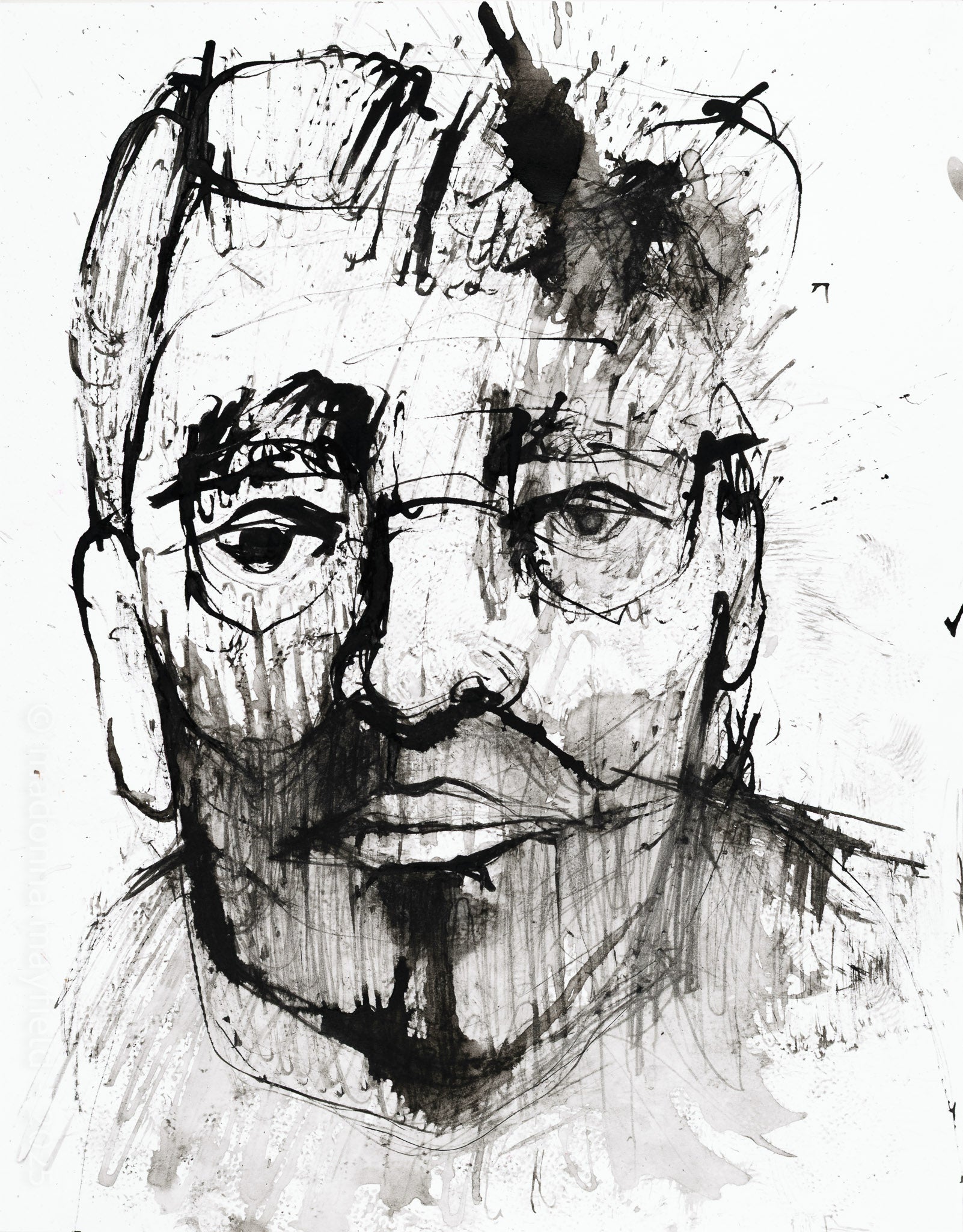 black ink painting, portrait of a man with glasses