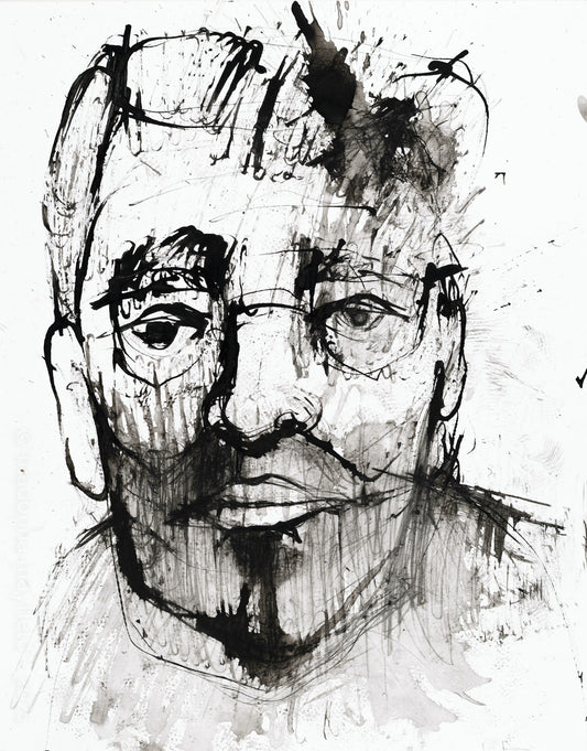 black ink painting, portrait of a man with glasses
