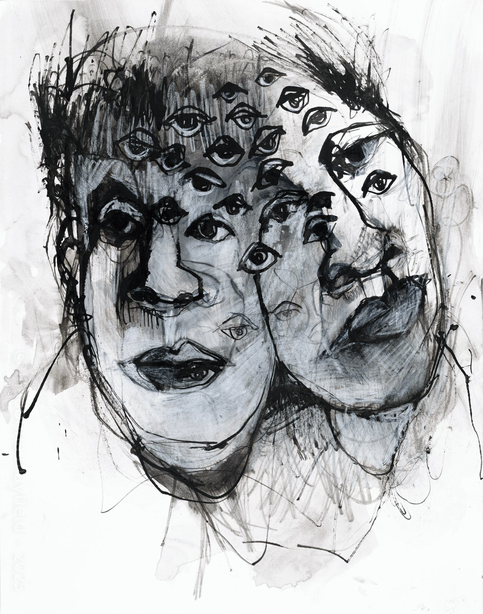 Black ink painting of a two faces with multiple eyes.