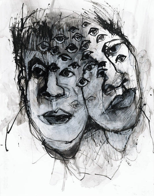 Black ink painting of a two faces with multiple eyes.