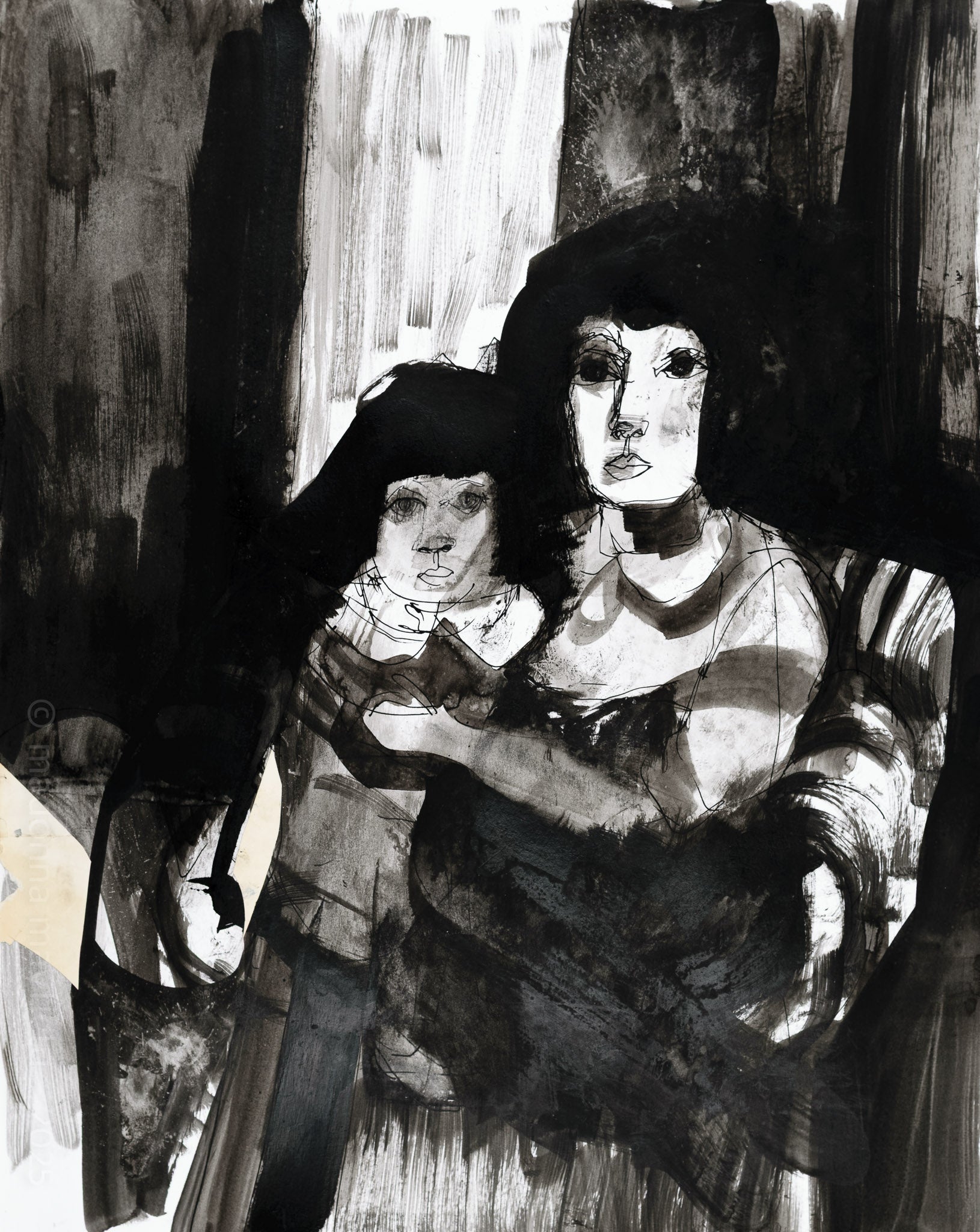 Black and white ink artwork of two figures holding hands against a textured background - mother & daughter