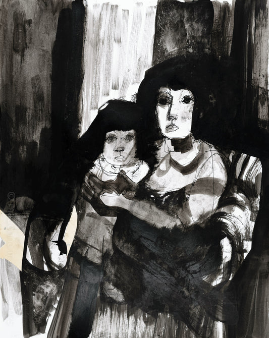 Black and white ink artwork of two figures holding hands against a textured background - mother & daughter