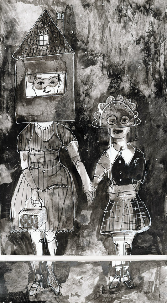 Ink painting of two women with houses on their head designs, mother and daughter holding hands against a dark background