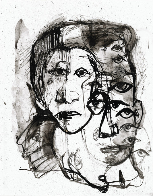 black ink painting of a person with many heads and many eyes.