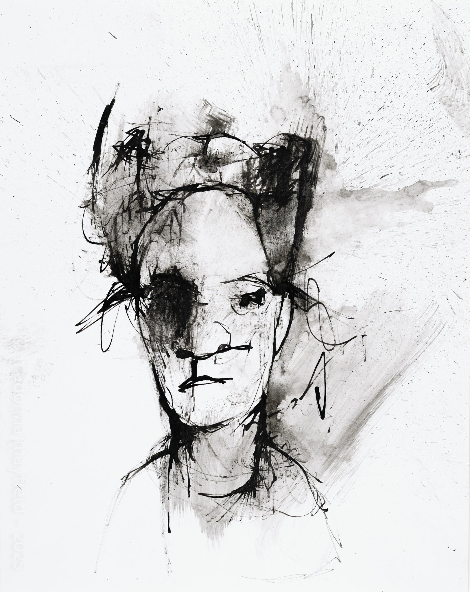 Black and white ink painting, portrait of a person on a textured white background