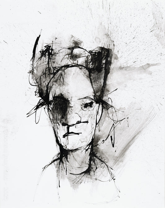 Black and white ink painting, portrait of a person on a textured white background
