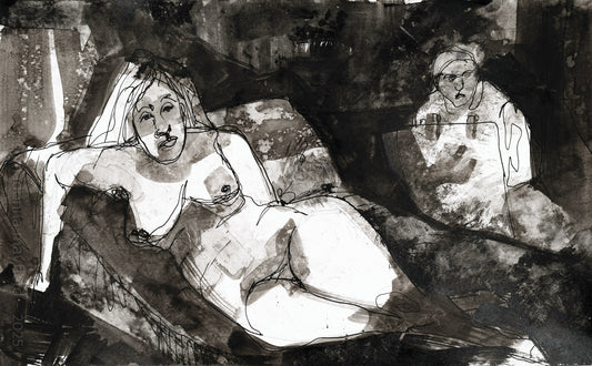 Black and white illustration of a woman lying on a bed with a man sitting beside her.