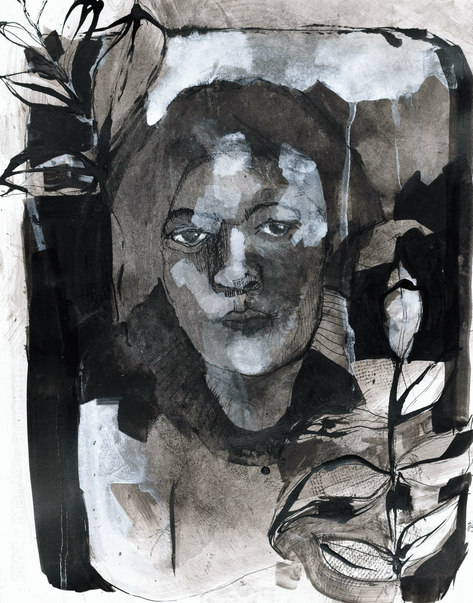 black ink painting, portrait of the night watcher in the forest