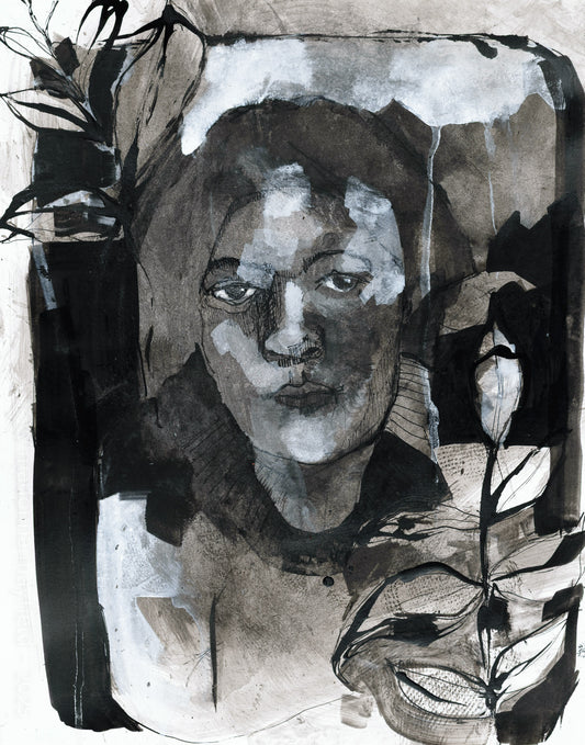 black ink painting, portrait of the night watcher in the forest