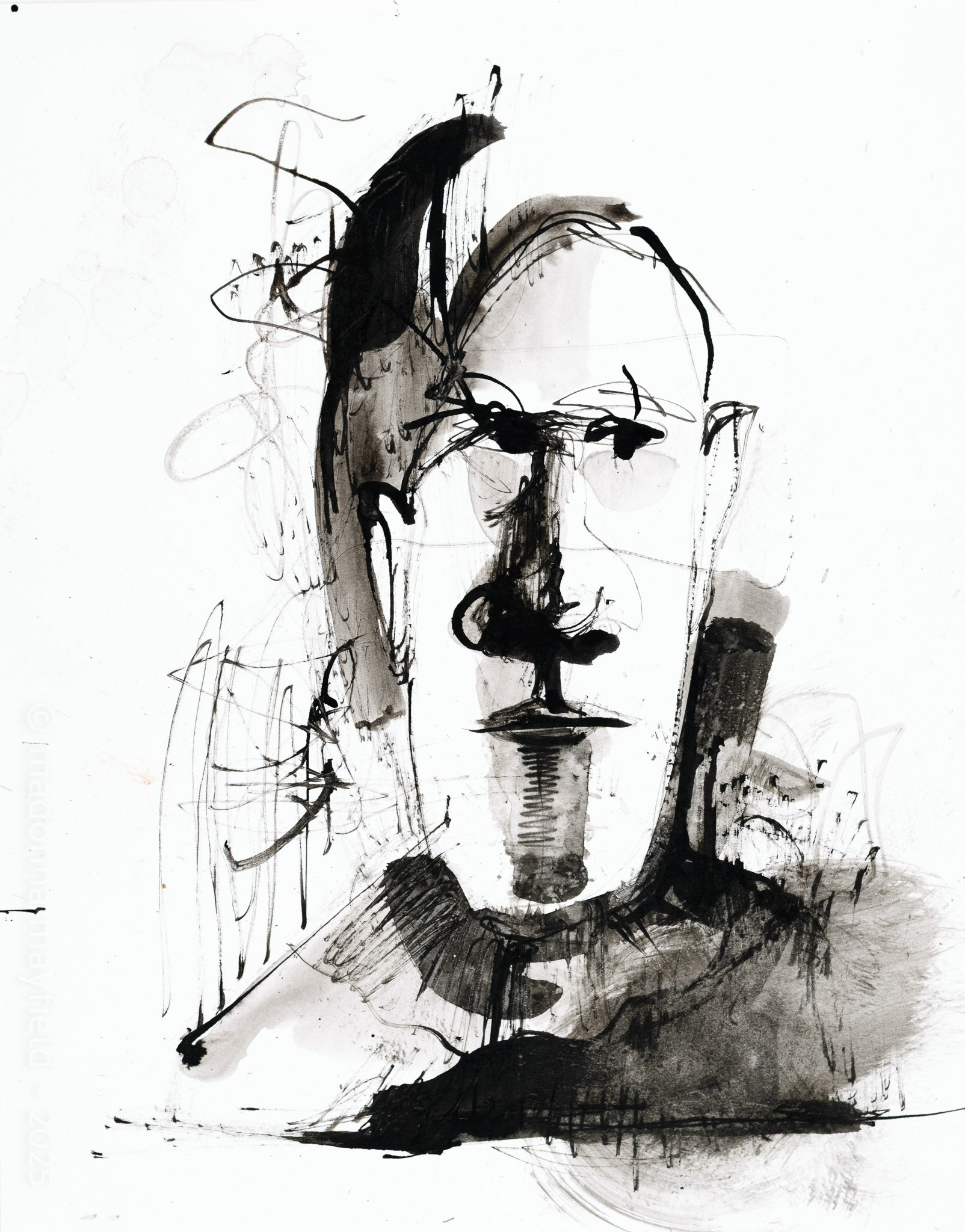 black ink painting, portrait of a thinking man