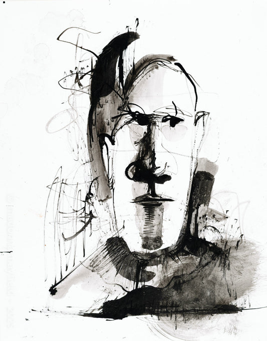 black ink painting, portrait of a thinking man