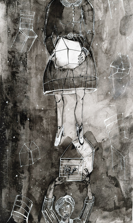 Black and white artwork of a person holding a birdcage with chairs, houses and abstract elements.