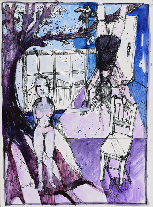 Artistic illustration of a woman under a tree looking at another woman hanging upsidedown with a chair, with a tree, a door and window in the background.