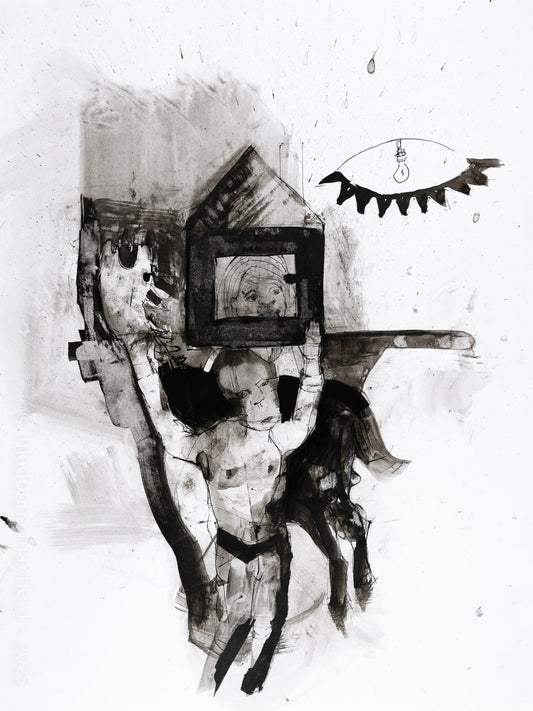 Black and white ink drawing of a girl riding a horse and a strong man holding them.