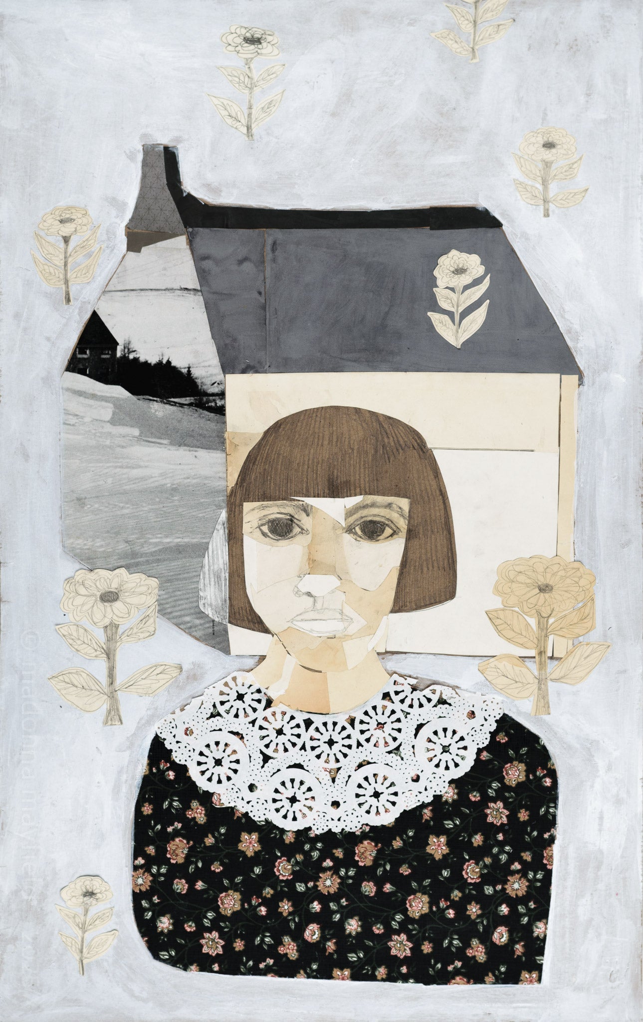Collage art of a woman's face with a house and floral elements on a light background