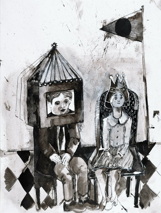 Black and white ink painting of a man  with a circus tent on his head and a woman with a crown sitting in chairs. 