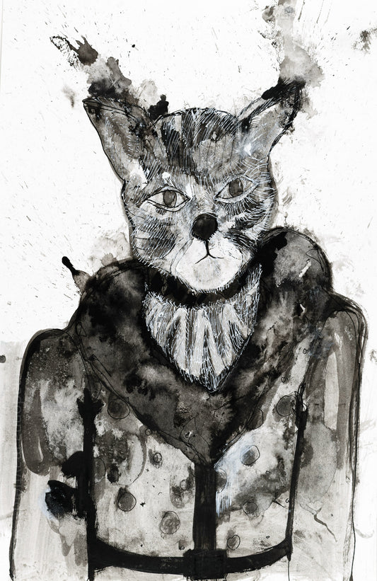 Black and white illustration of a cat wearing a patterned coat