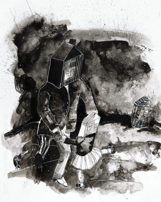 black and white ink drawing of a father dancing with his daugther girl