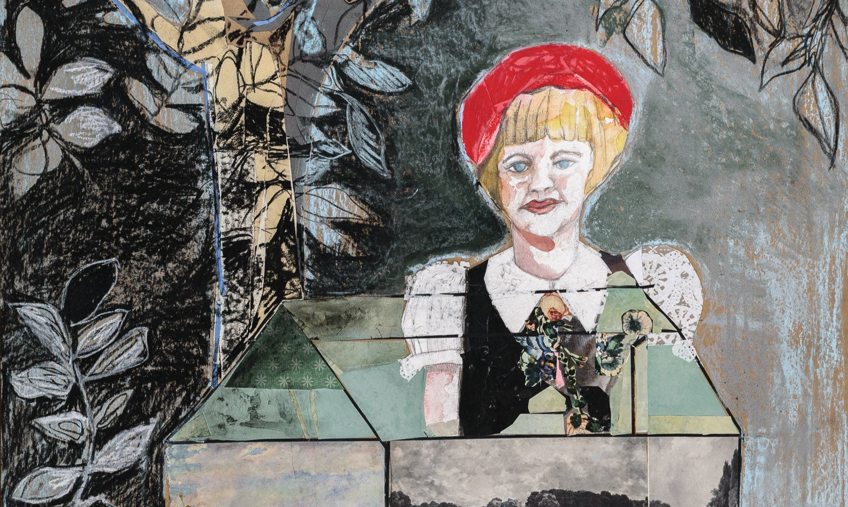 collage drawing - girl with red hat in a house under a tree