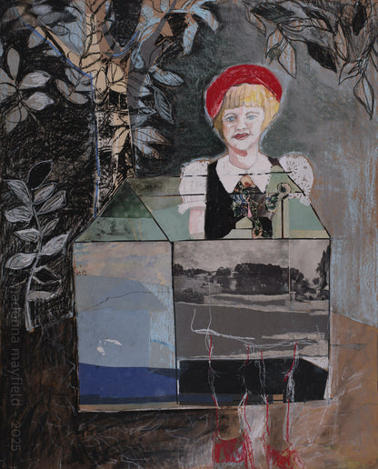 collage drawing girl with red hat in house under tree
