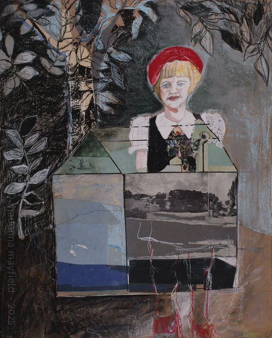 collage drawing girl with red hat in house under tree