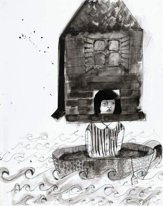 Illustration of a person with a house on their head, floating in a cup of tee in the ocean.