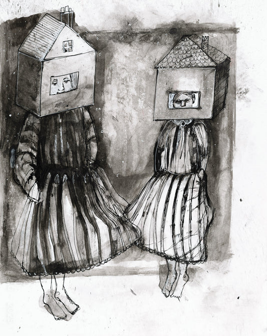 Two women with long dresses, wearing house-shaped boxes on their heads, with a room in the background.