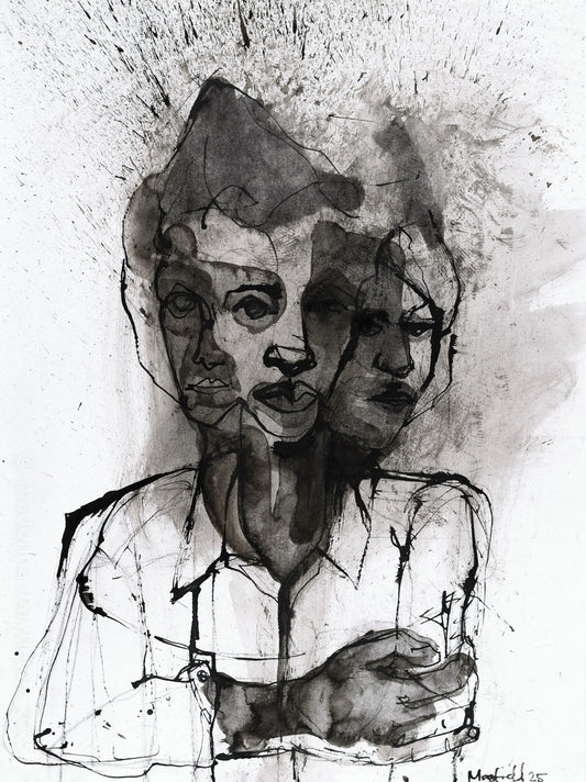 black ink portrait of a lady with three faces