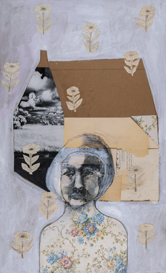 Artistic collage with floral patterns, a woman enjoying a day in the winter in front of her house.