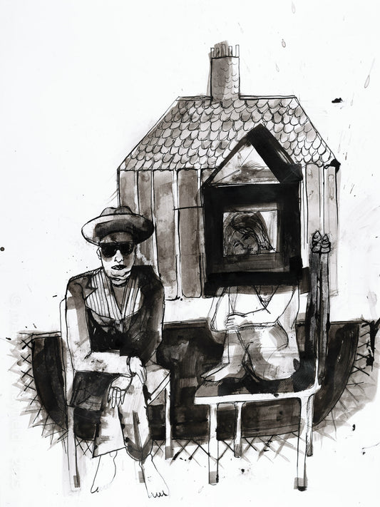 Black and white illustration of a person sitting in front of a small house with a painting inside.