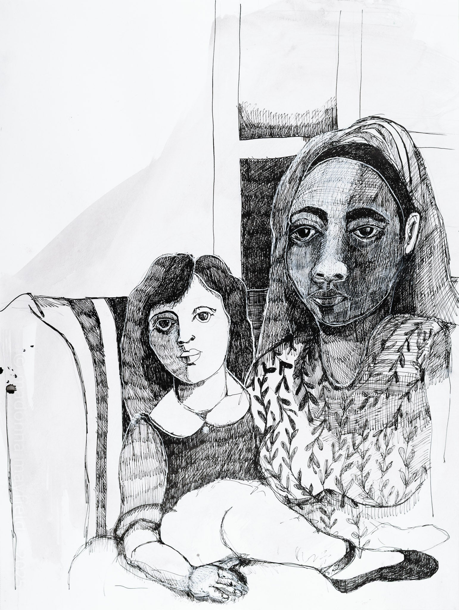 Black and white illustration of a mother holding her daughter