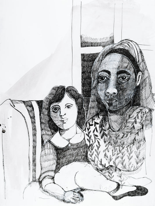 Black and white illustration of a mother holding her daughter