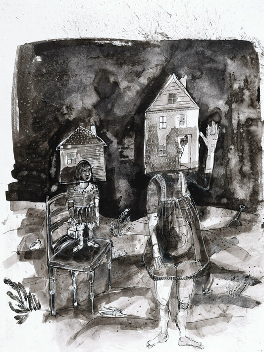 Black and white illustration of a child with a dollhouse and her mother walking at night