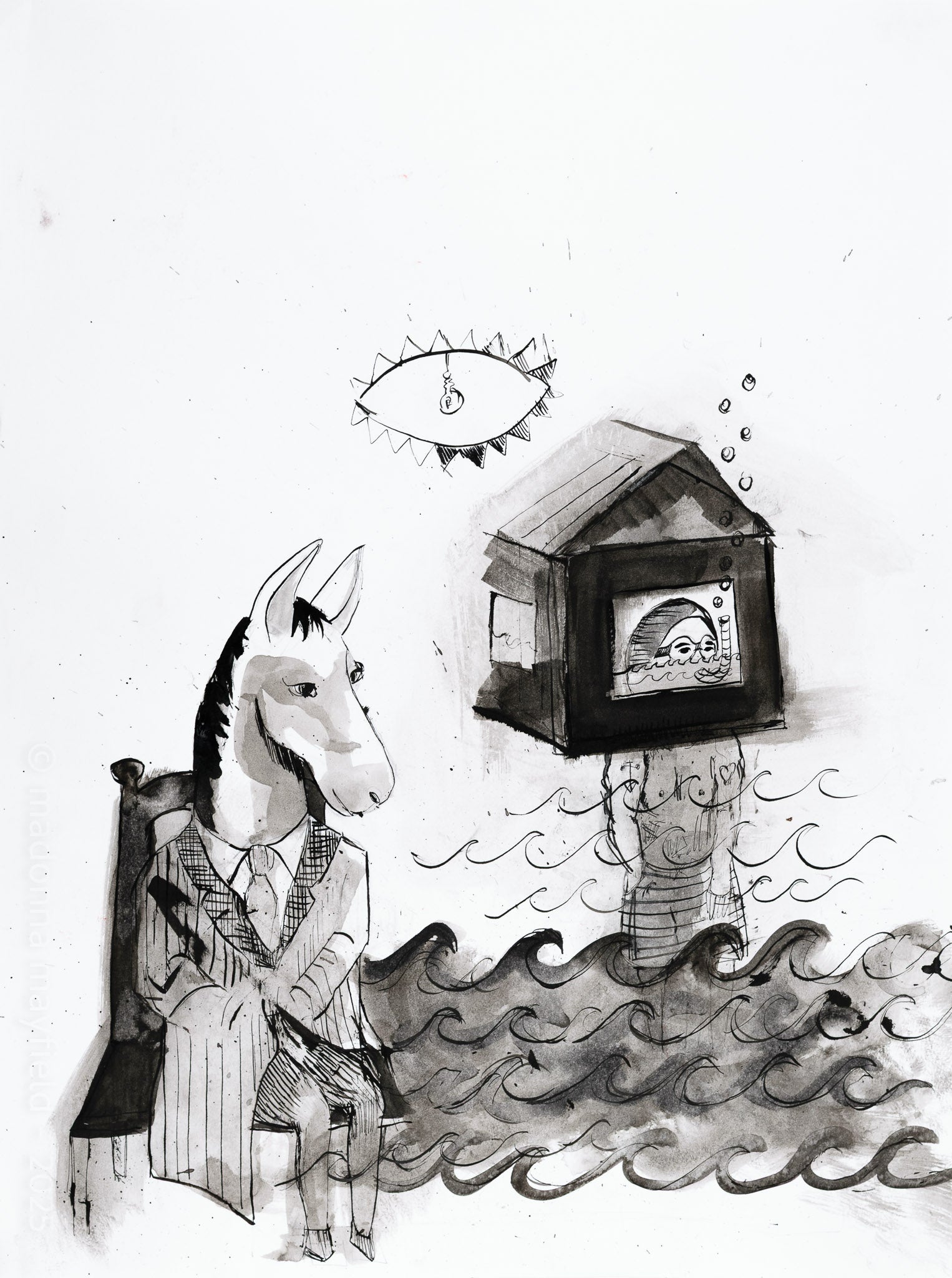 Illustration of a person with a horse head sitting on a bench by the ocean with a diver in a house and eye-like object in the background.