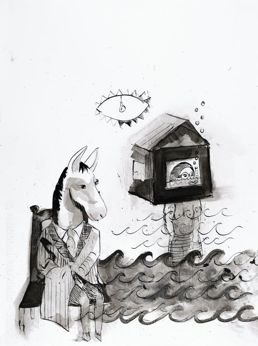 Illustration of a person with a horse head sitting on a bench by the ocean with a diver in a house and eye-like object in the background.