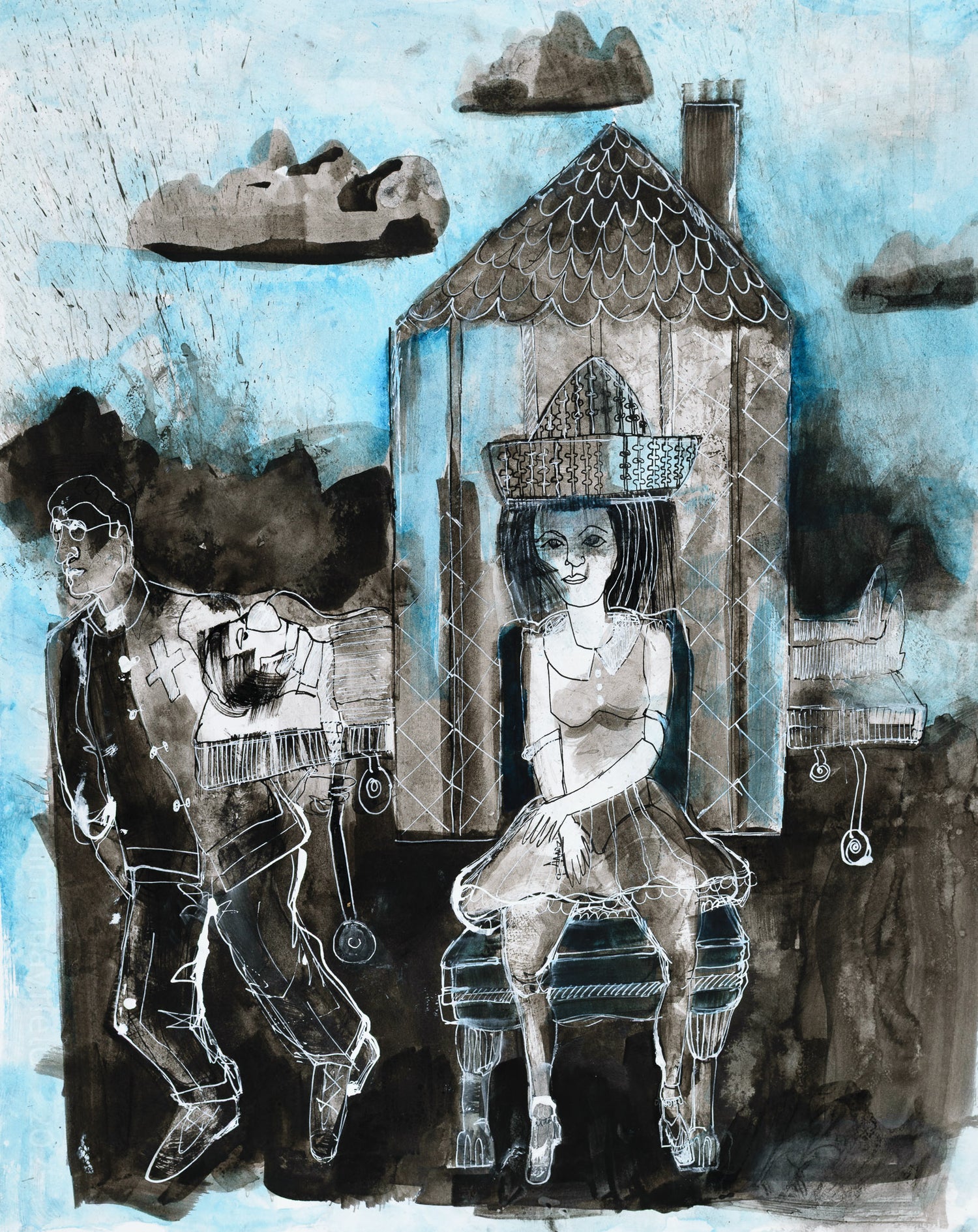 black & blue ink painting of a woman on a throne and a nurse carrying a person on a strecher out of his house.